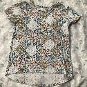 Girls' Short-Sleeve Floral Patchwork Tee - White with Blue & Pink Flowers
